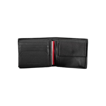 Tommy Hilfiger Black Leather Men Wallet with dual compartments and coin purse, showcasing sleek design and signature logo.