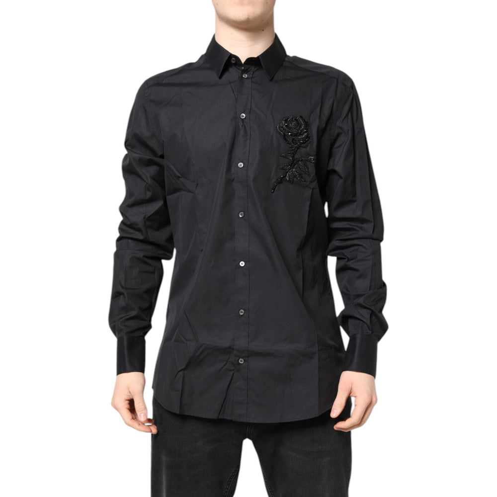 Dolce & Gabbana Black Floral Gold Cotton Dress Formal Shirt TSH87825-43