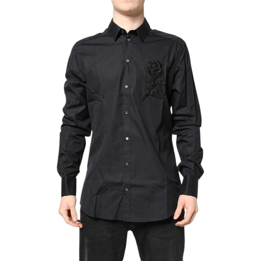 Dolce & Gabbana Black Floral Gold Cotton Dress Formal Shirt TSH87825-43