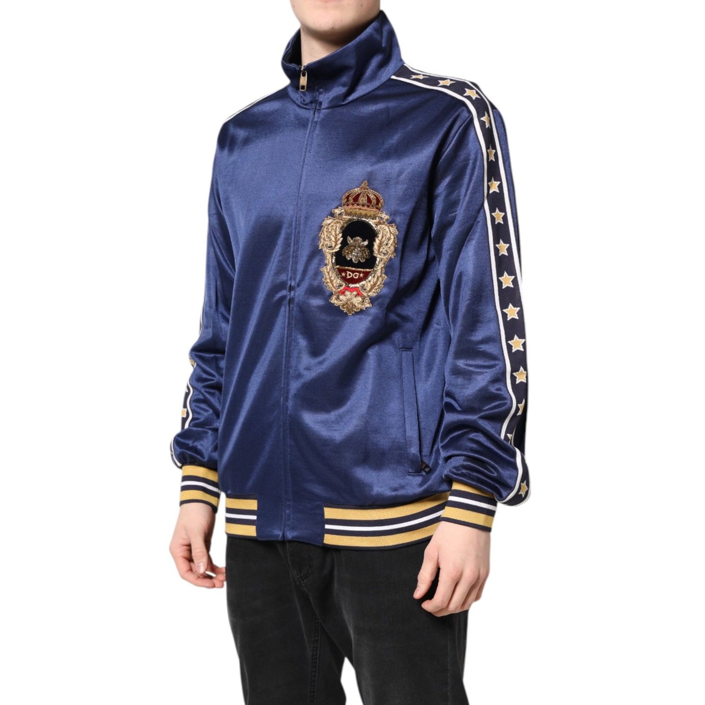 Dolce & Gabbana Blue Nylon Logo Patch Men Bomber Sweater