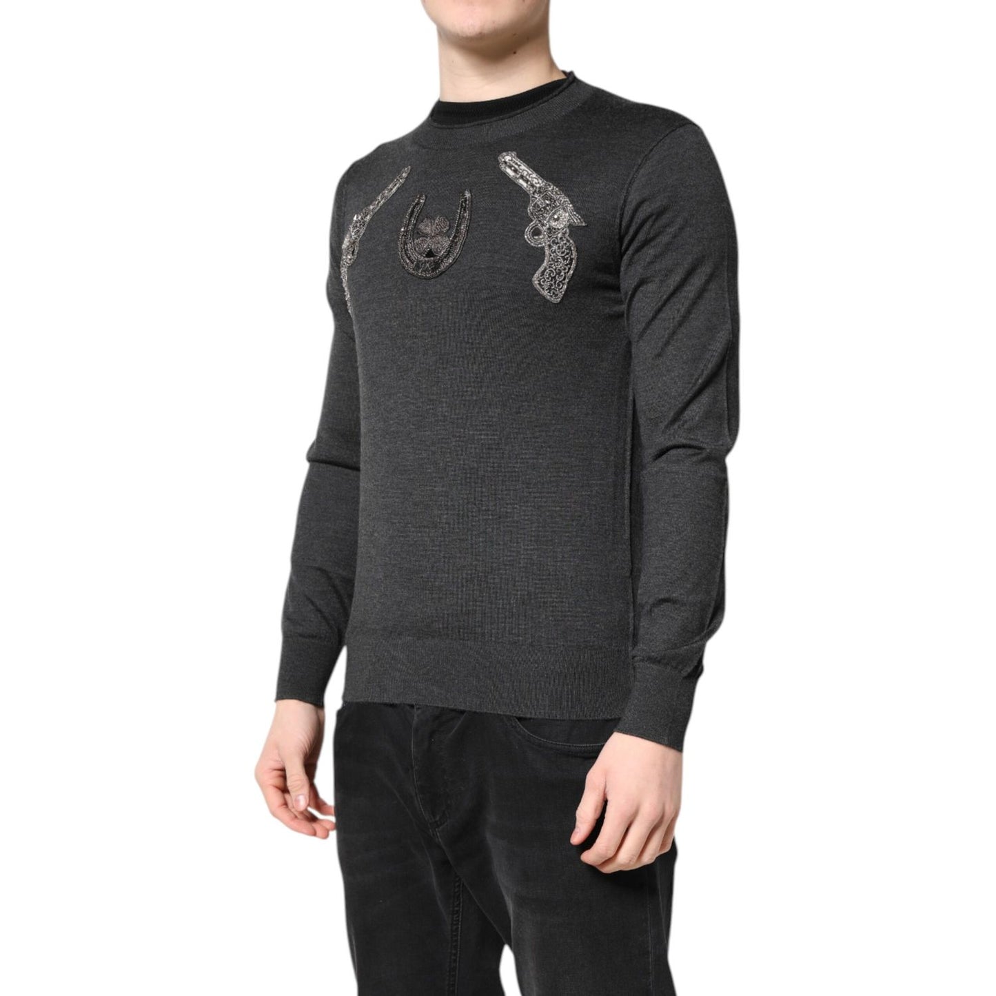 Dolce & Gabbana Gray Embroidery Knit Men Pullover Sweater