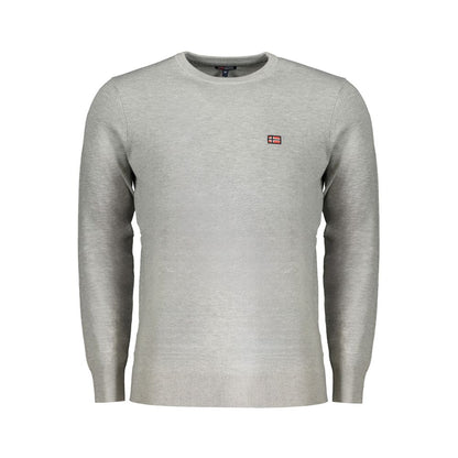 Gray long-sleeved crew neck sweater with logo embroidery.