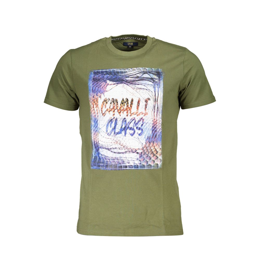 Cavalli Class Green Cotton Men T-Shirt with statement print and logo