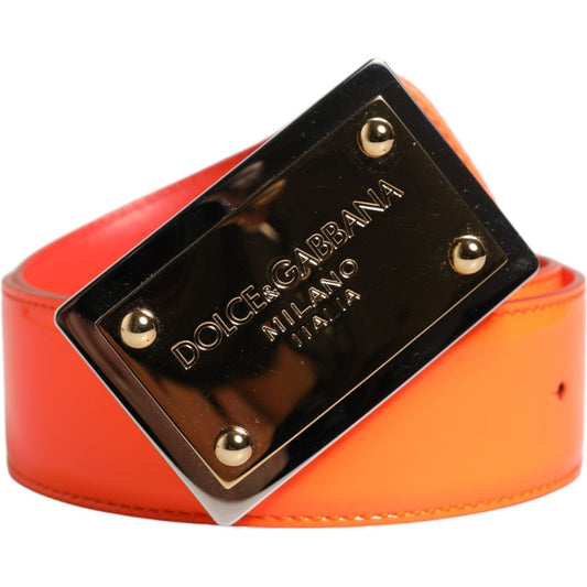 Dolce & Gabbana Orange Gold Tone Metal Logo Buckle Belt 1728,67345645728,85 cm / 34 Inches,Accessories,Belts - Men - Accessories,Dolce & Gabbana,Material: 100% Calf Leather,Men,Men - Accessories,Orange,Preowned / Defect BEL9420-85