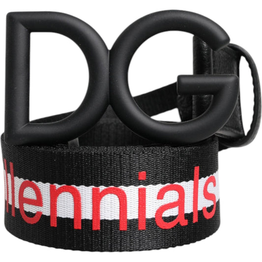 Dolce & Gabbana Black Polyester Logo Print DG Buckle Belt 1728,67345645728,85 cm / 34 Inches,90 cm / 36 Inches,95 cm / 38 Inches,Accessories,Belts - Men - Accessories,Black,Dolce & Gabbana,Material: 95% Polyester 5% Leather,Men,Men - Accessories,New with