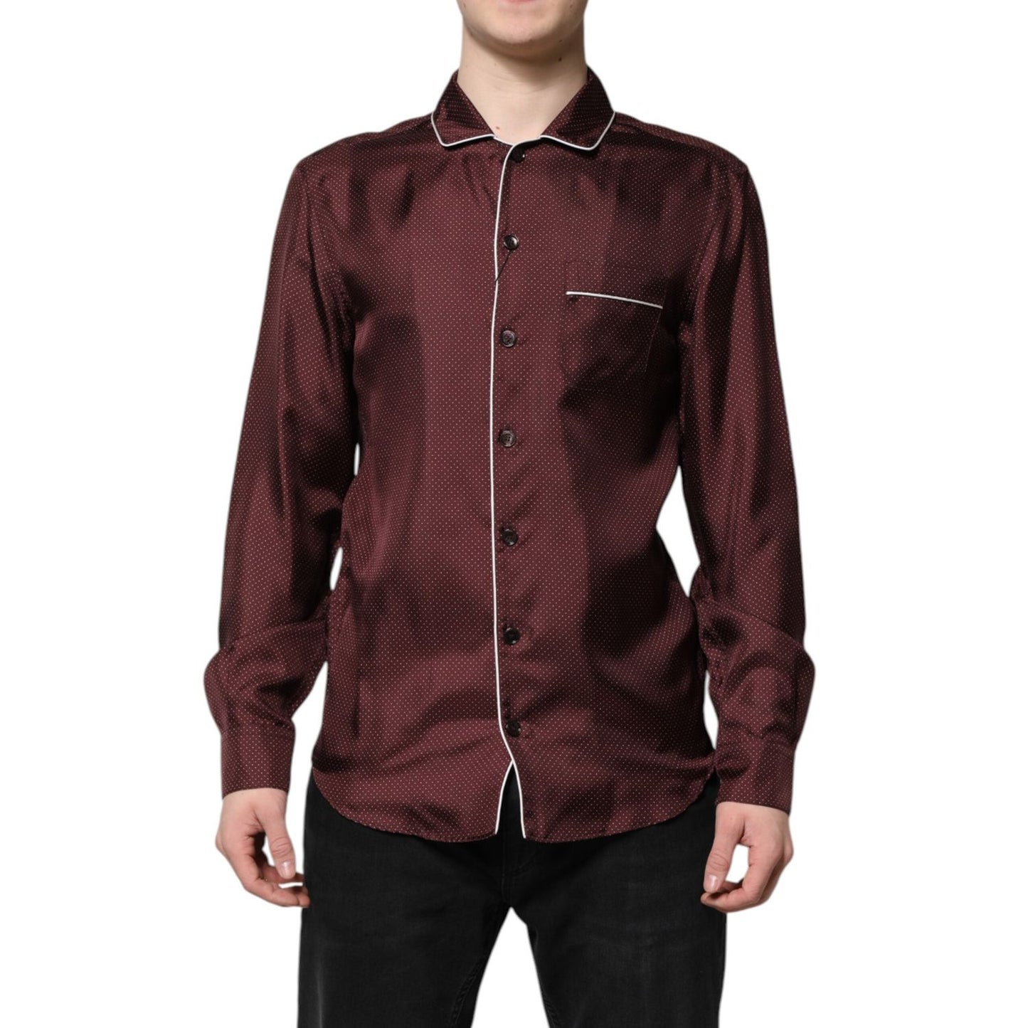 Dolce & Gabbana Burgundy Silk Dotted Long Sleeves Shirt TSH90451-38