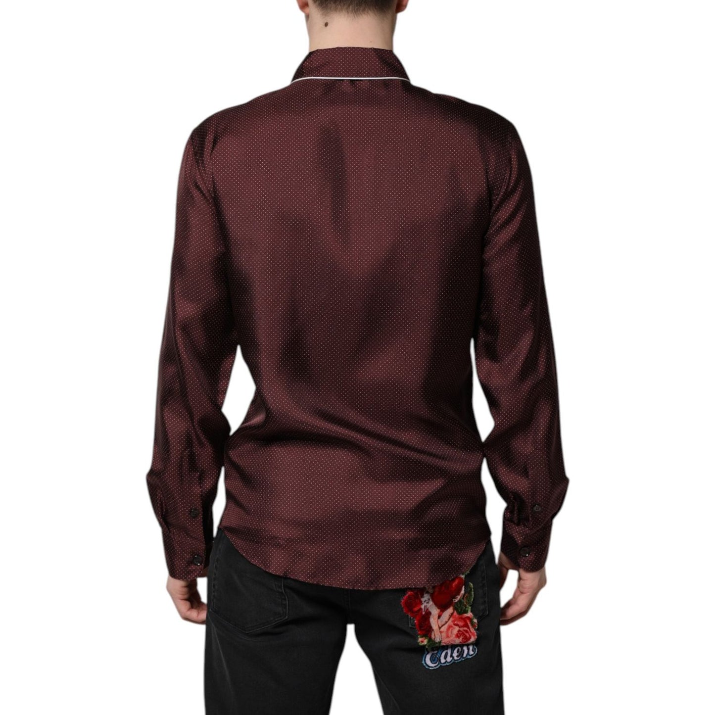 Dolce & Gabbana Burgundy Silk Dotted Long Sleeves Shirt TSH90451-38