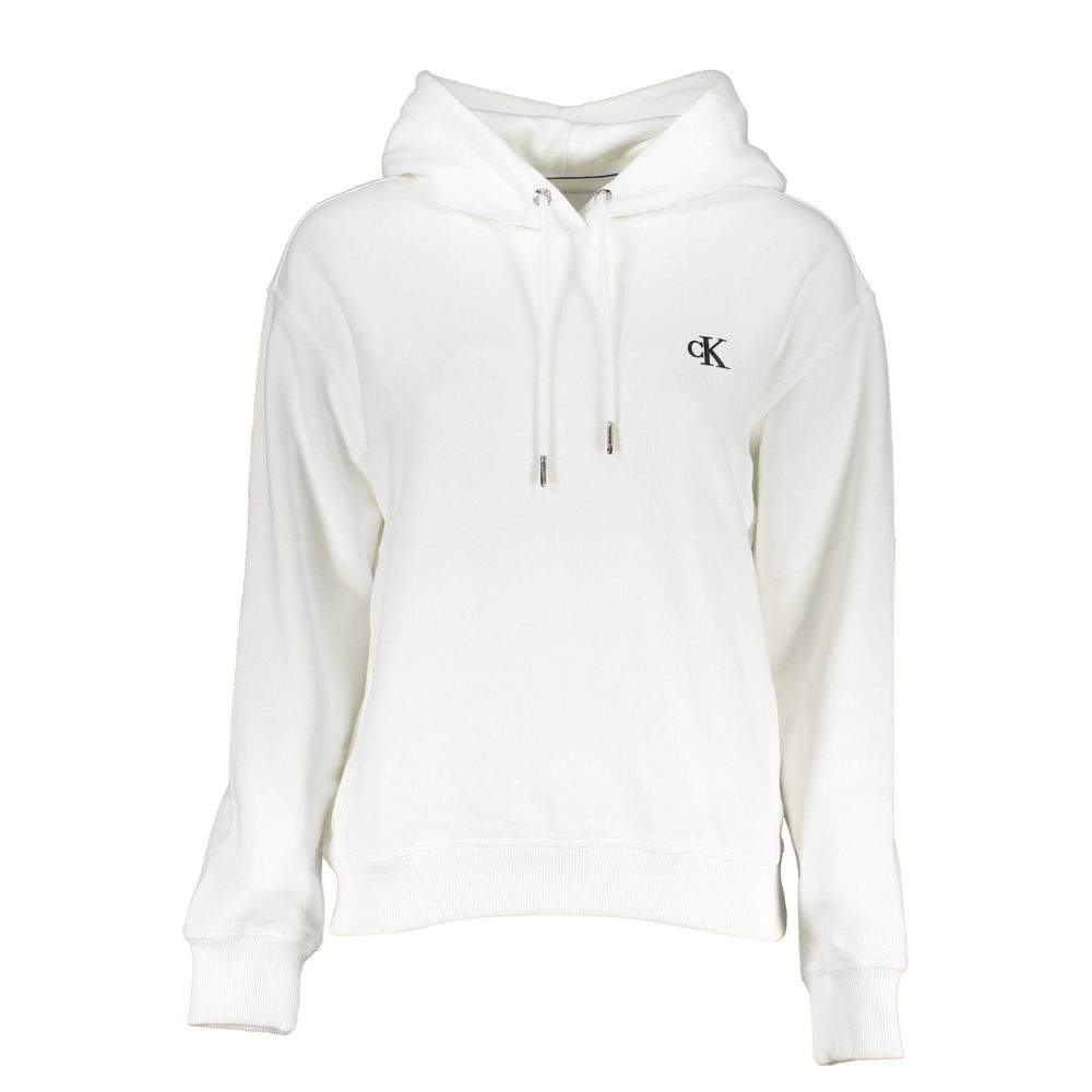 Calvin Klein White Cotton Women Sweater with hood and logo embroidery, featuring long sleeves and fleece interior, perfect for stylish comfort.