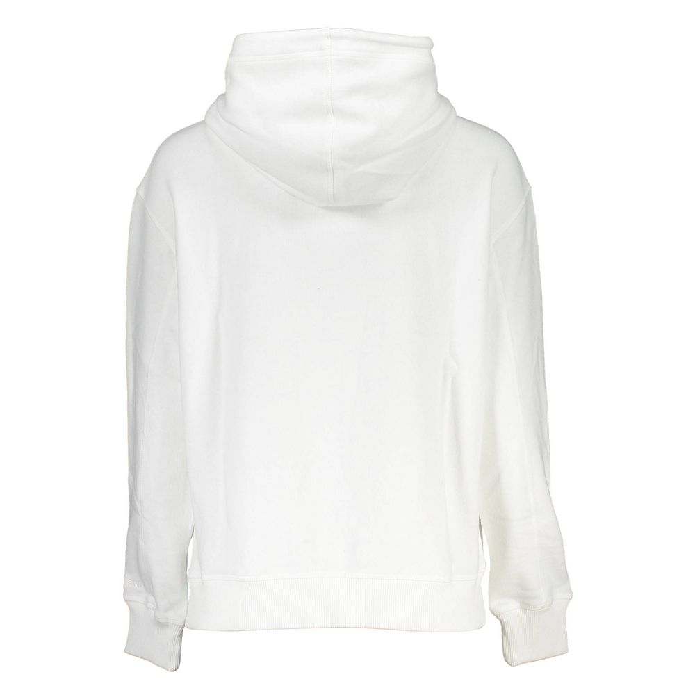 Back view of Calvin Klein White Cotton Women Sweater, showcasing its cozy hood and long sleeves. Perfect for casual, stylish layering.