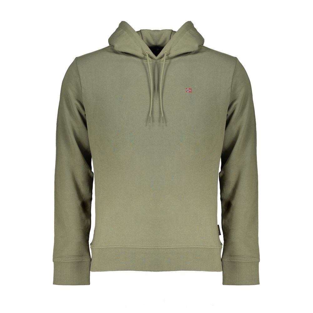 Napapijri Green Cotton Men Sweater with hood and embroidered logo, showcasing casual elegance and trendsetting style in soft fabric.