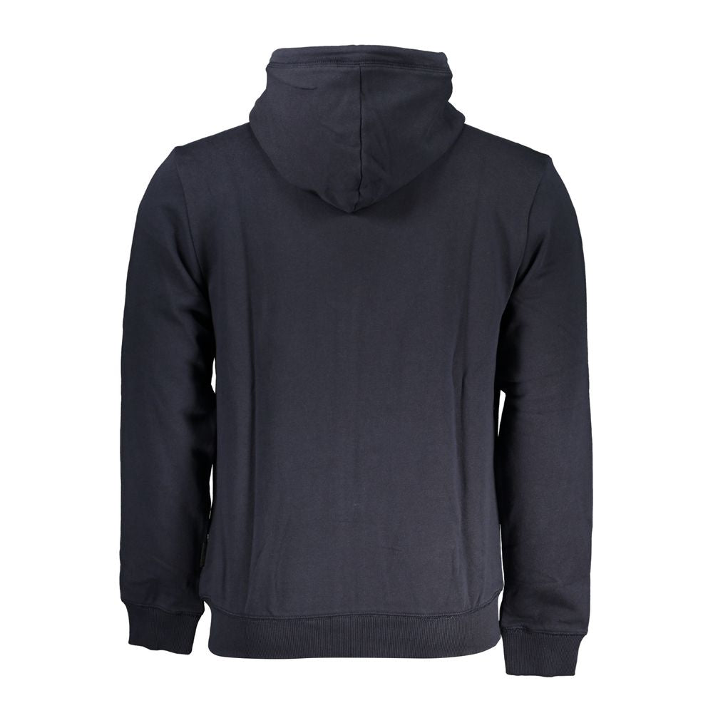 Napapijri Blue Cotton Men Sweater back view showcasing hood and soft texture.