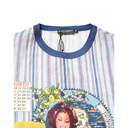 Dolce & Gabbana Multicolor Striped Pin Up Linen Round Neck T-shirt