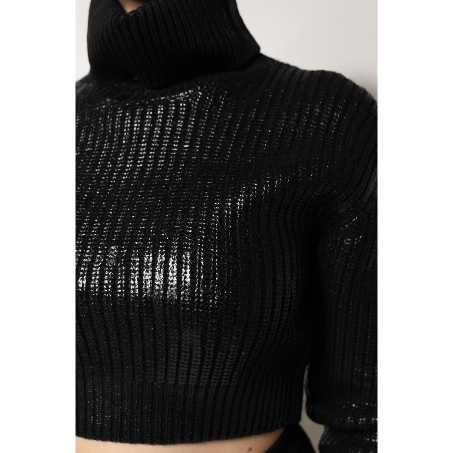 Dolce & Gabbana Black Wool Long Sleeve Turtleneck Cropped Top