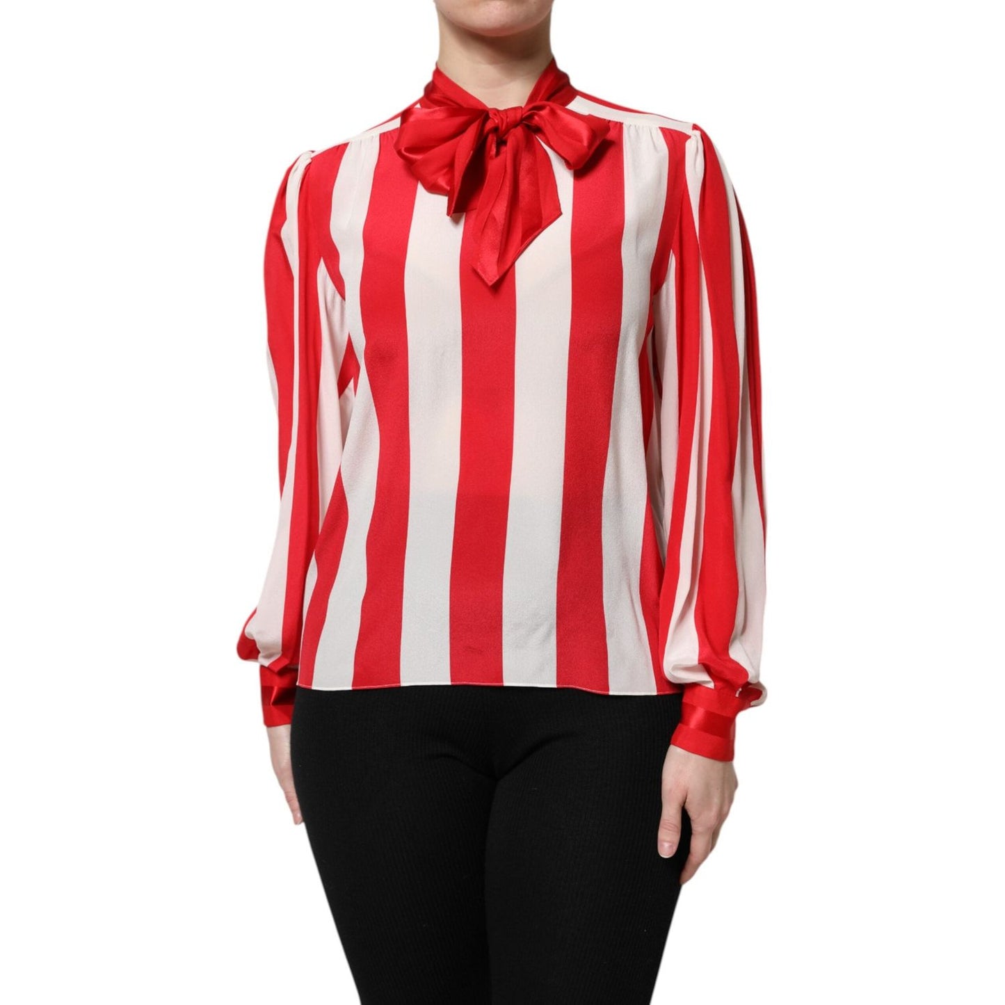 Dolce & Gabbana Red White Stripes Ascot Collar Blouse Top