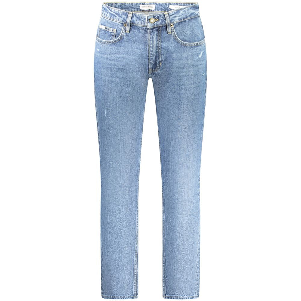 Guess Jeans Blue Cotton Men Jeans with modern washed effect and five pockets, showcasing classic button and zip closure.