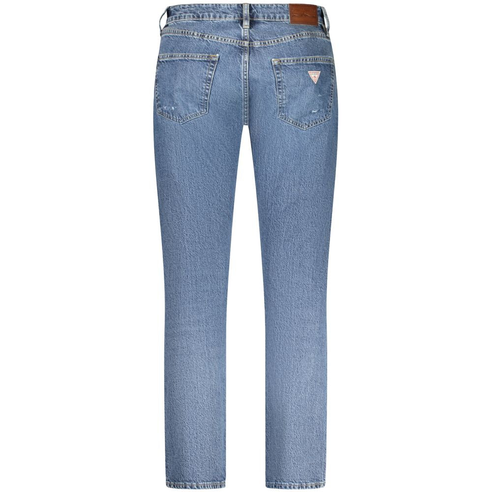 Rear view of Guess Jeans Blue Cotton Men Jeans showcasing the classic washed effect and iconic logo for modern style.