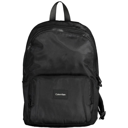 Calvin Klein Black Polyester Men Backpack with sleek design and adjustable straps, made from 100% recycled materials.