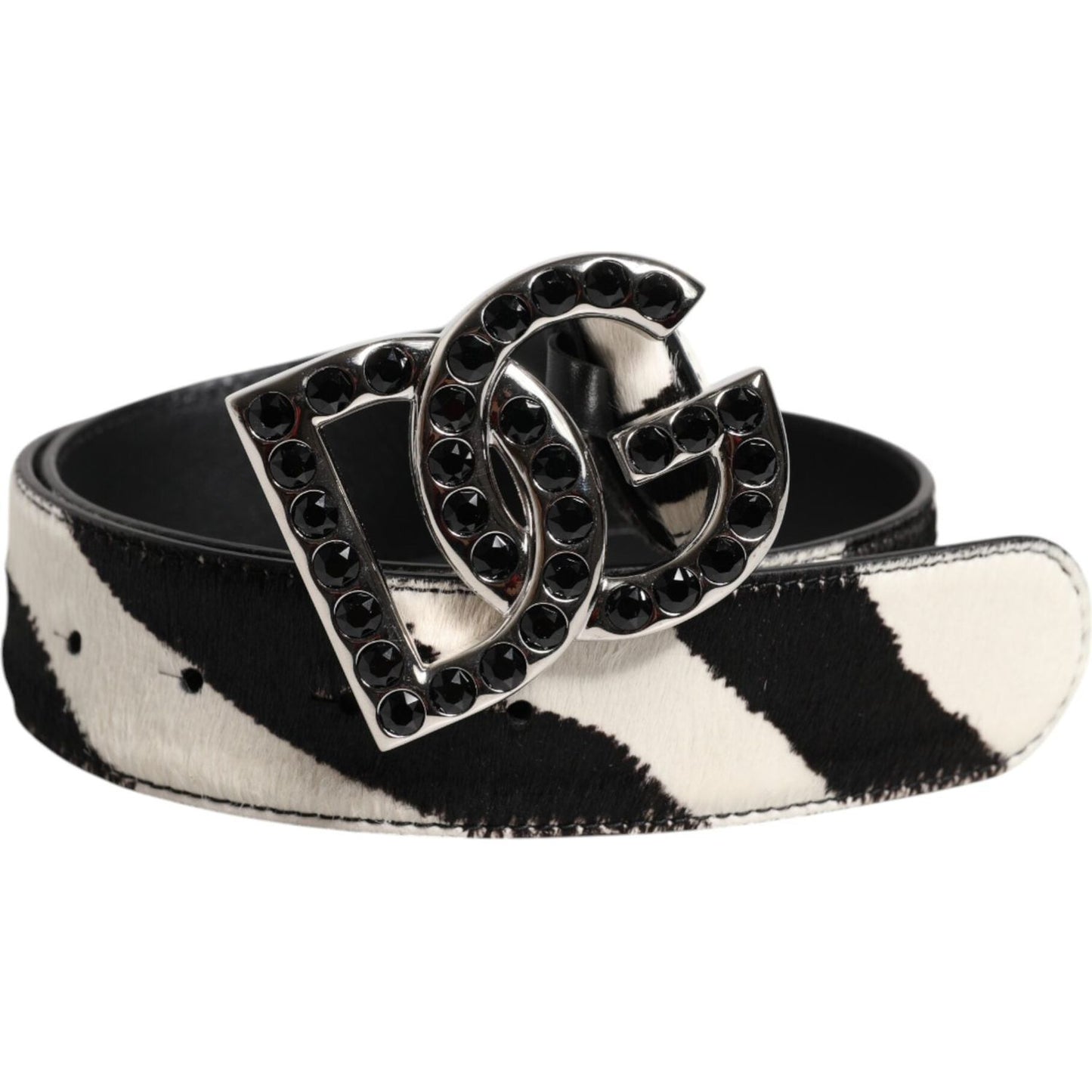 Dolce & Gabbana White Black Leather Zebra DG Crystal Buckle Belt BEL9409-75