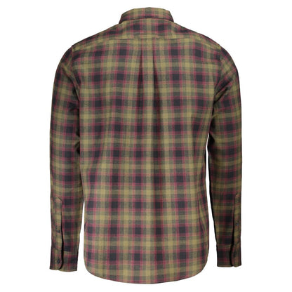 Timberland Green Cotton Shirt, long sleeve tartan with Italian collar and embroidered logo, back view.