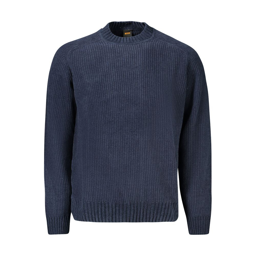 Hugo Boss Blue Cotton Men Sweater with chenille texture, showcasing luxury and comfort for stylish everyday or evening wear.