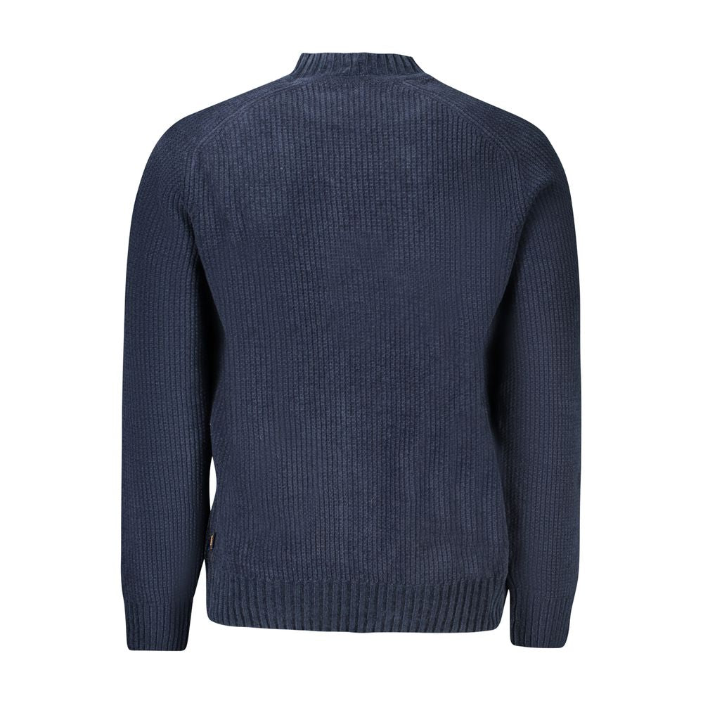 Hugo Boss Blue Cotton Men Sweater in chenille fabric, showcasing rear view with subtle logo, perfect for style and comfort.