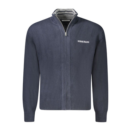 Guess Jeans Blue Cotton Men Sweater with embroidery and logo, 100% cotton long sleeve cardigan, perfect for layering.