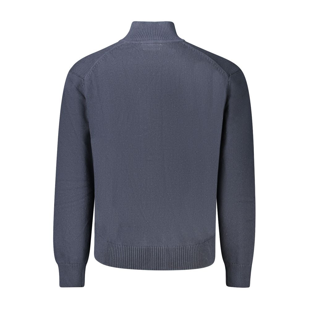 Back view of Guess Jeans Blue Cotton Men Sweater showcasing fine cotton texture and ribbed cuffs.
