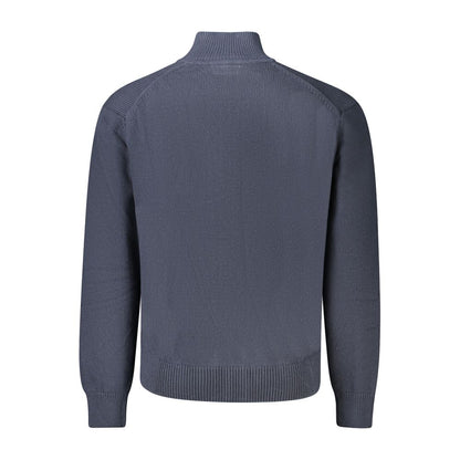 Back view of Guess Jeans Blue Cotton Men Sweater showcasing fine cotton texture and ribbed cuffs.