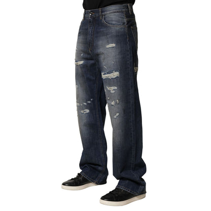 Dolce & Gabbana Blue Washed Tattered Cotton Men Jeans