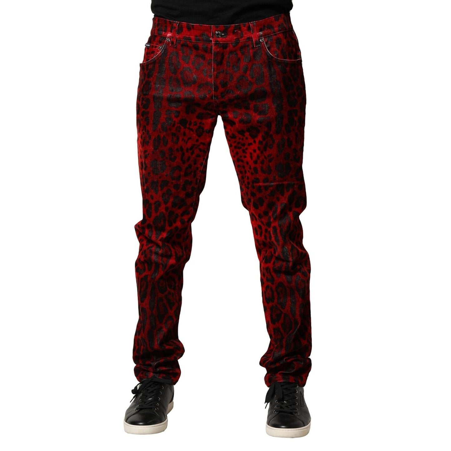 Dolce & Gabbana Red Leopard Print Cotton Skinny Denim Jeans PAN76453-54