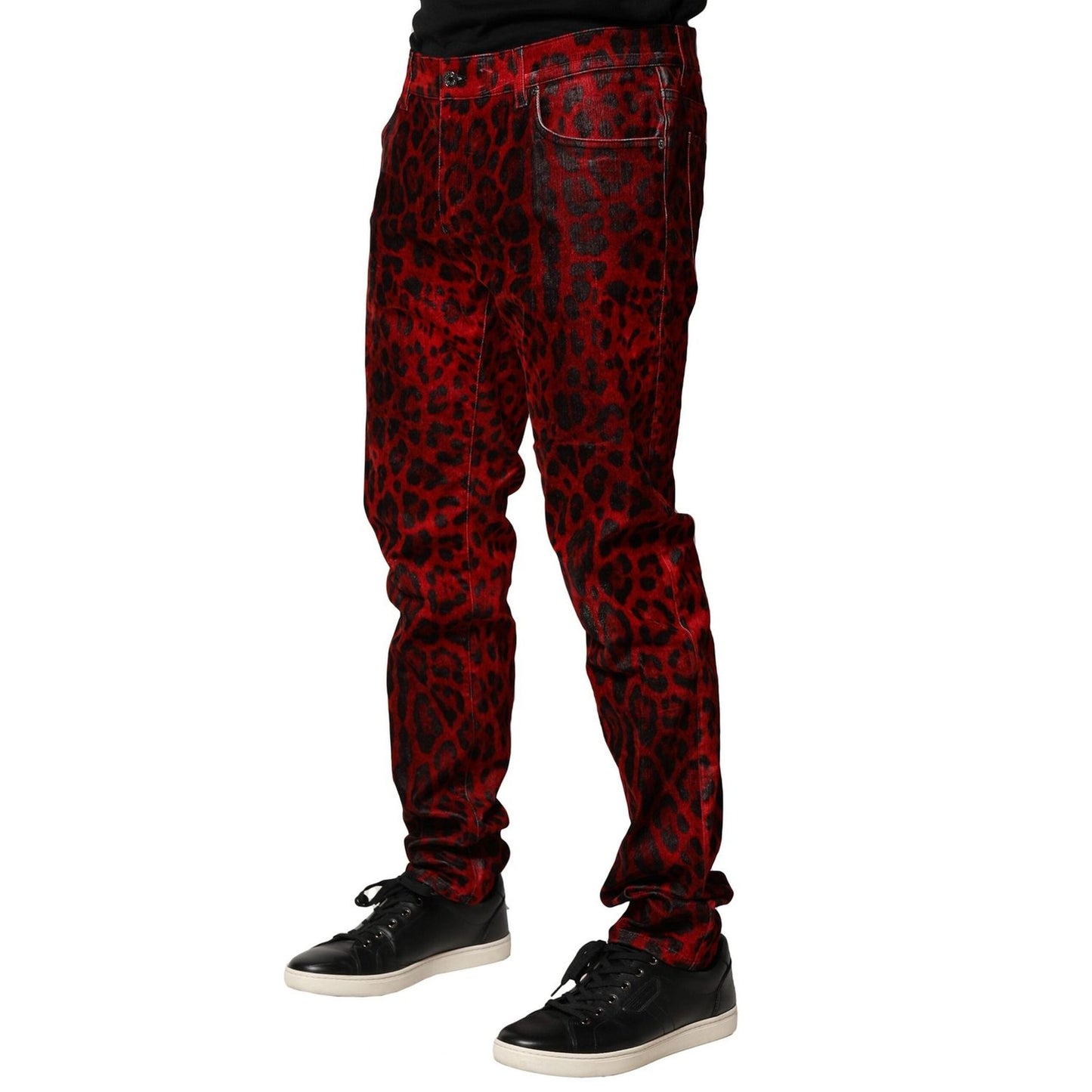 Dolce & Gabbana Red Leopard Print Cotton Skinny Denim Jeans PAN76453-54