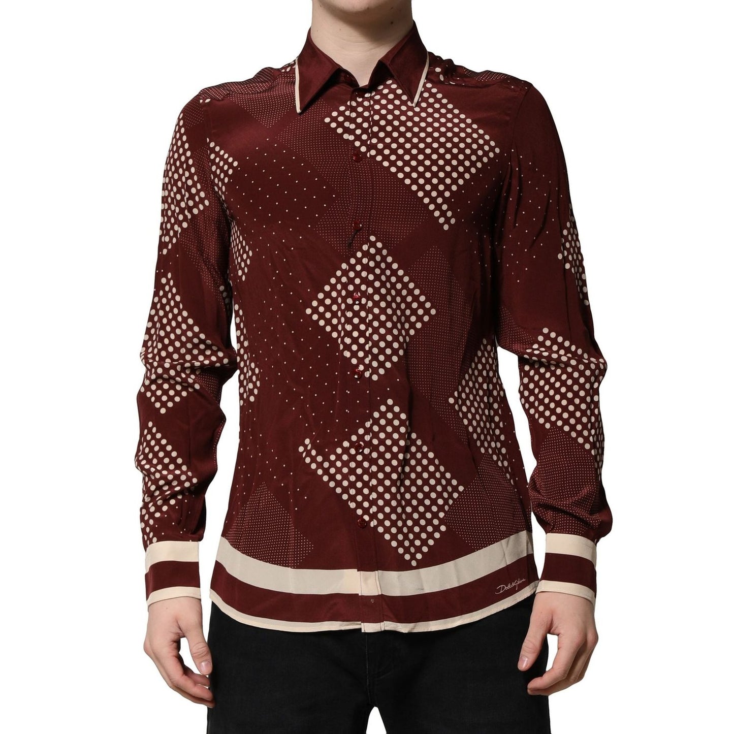 Dolce & Gabbana Maroon Dotted Silk Long Sleeve Casual Shirt TSH90650-40