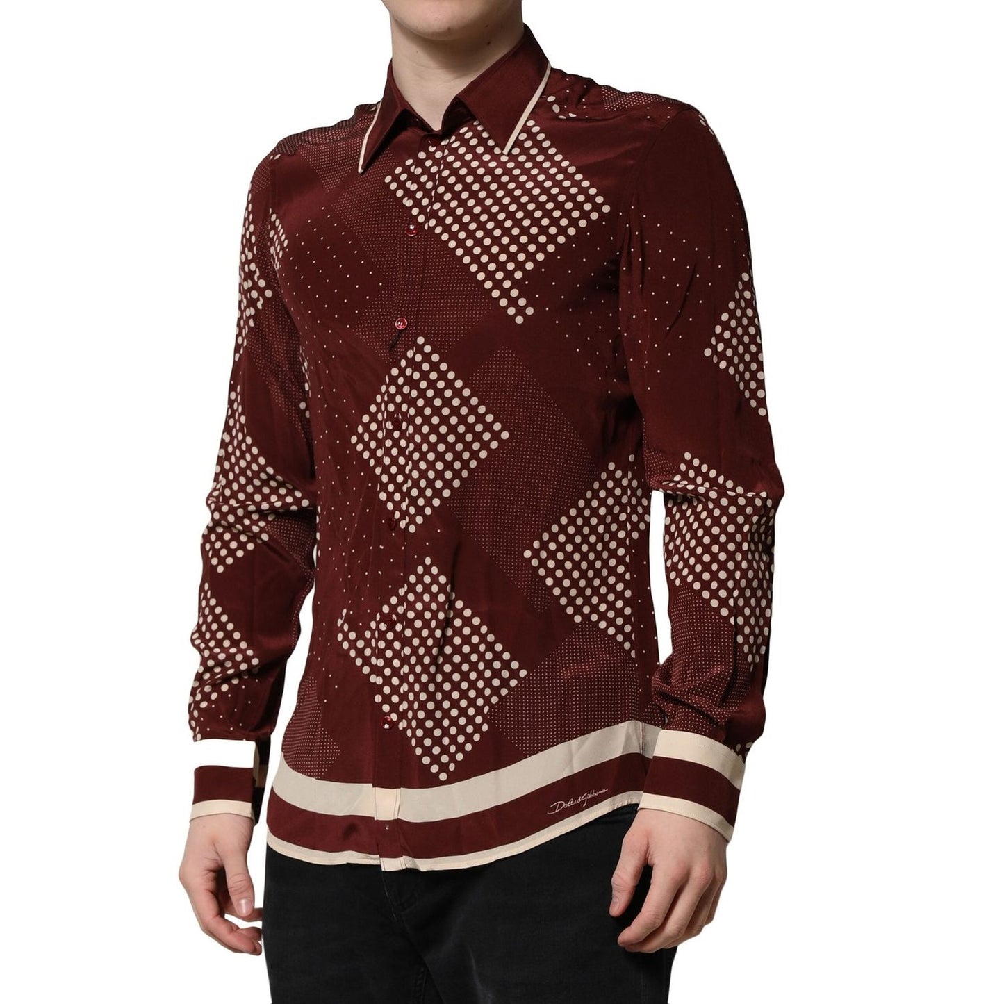 Dolce & Gabbana Maroon Dotted Silk Long Sleeve Casual Shirt TSH90650-40