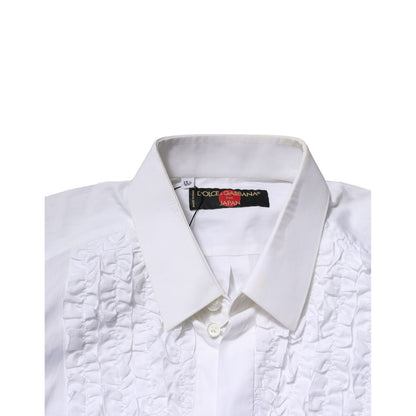 Dolce & Gabbana White Cotton Ruffled Detailing Formal Shirt