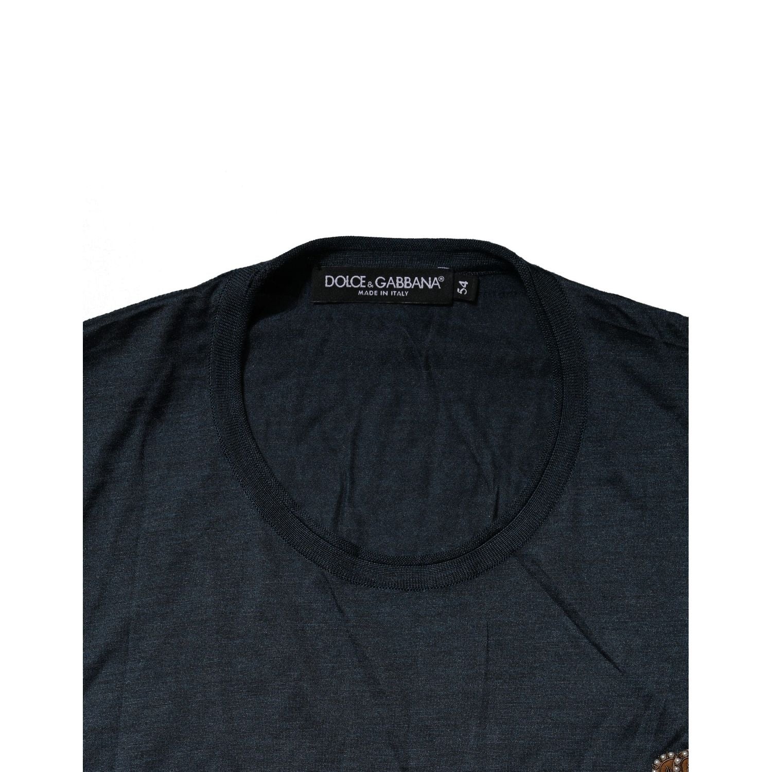 Dolce & Gabbana Dark Blue Silk Logo Patch Crew Neck T-shirt