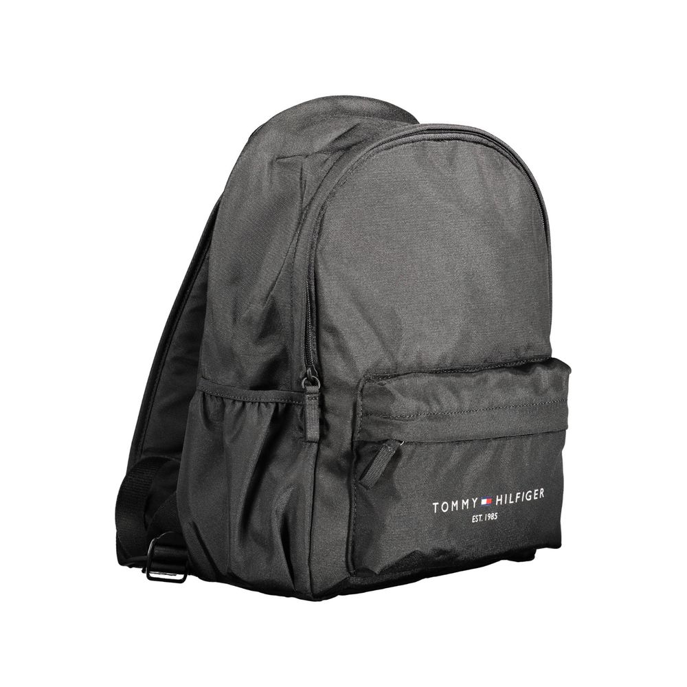 Tommy Hilfiger Black Polyester Men Backpack made from recycled material with adjustable straps, eco-friendly and stylish design.