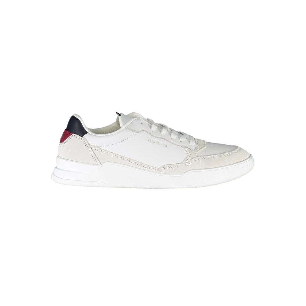 Tommy Hilfiger White Polyester Men Sneaker with contrasting details on a clean white background made from recycled materials