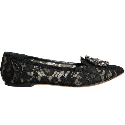 Dolce & Gabbana Black Lace Crystal Ballet Flats Loafer Shoes