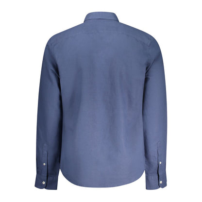 Timberland Blue Cotton Shirt, long-sleeved, slim fit, button-down collar, features embroidery and logo, back view image.