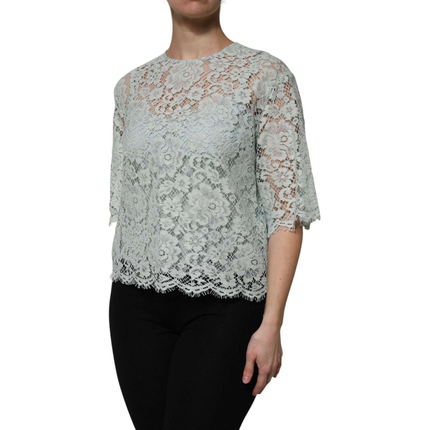 Dolce & Gabbana Mint Green Floral Lace Cotton Blouse Top