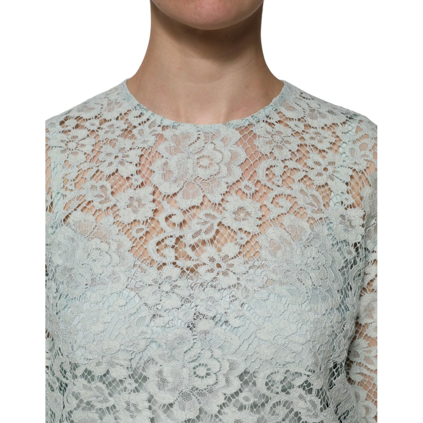 Dolce & Gabbana Mint Green Floral Lace Cotton Blouse Top TSH906726-42