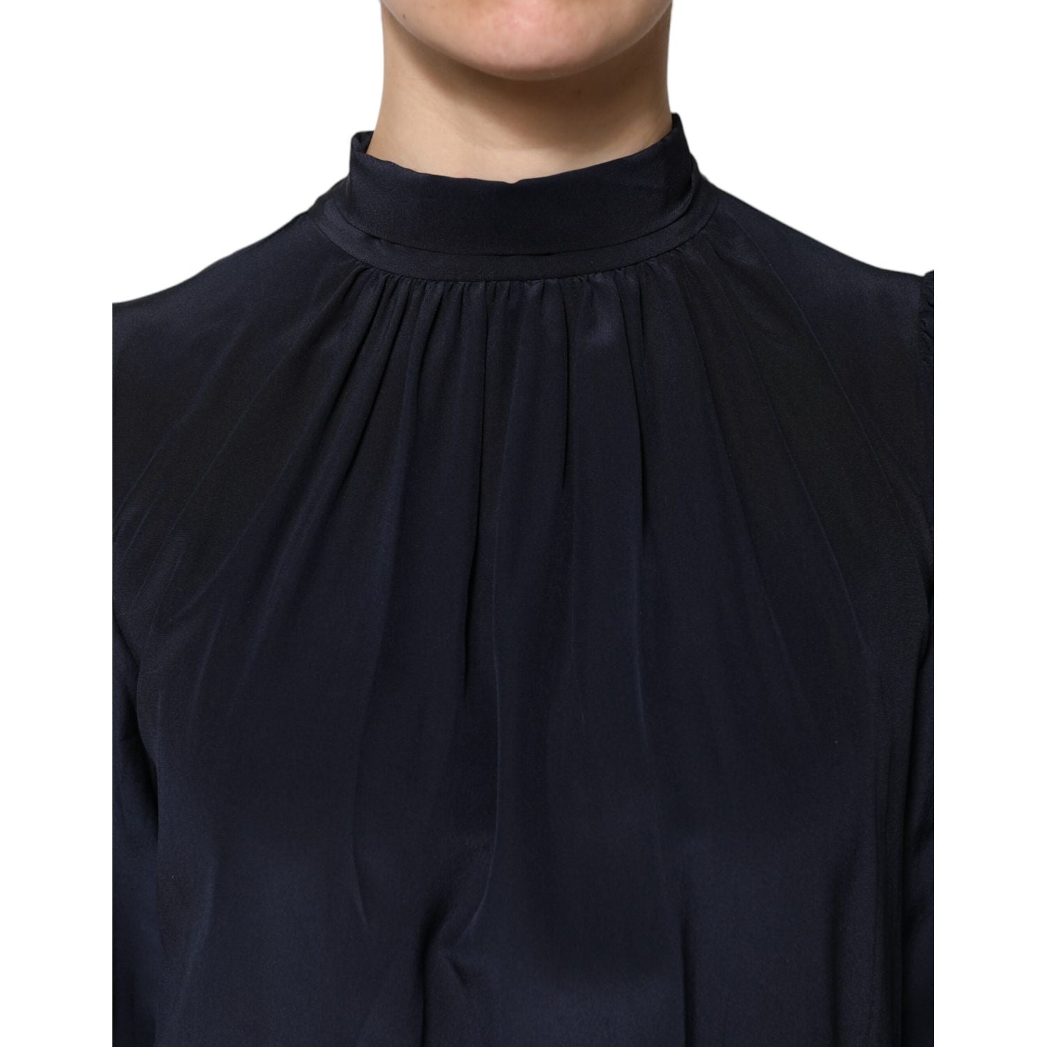 Dolce & Gabbana Blue Silk Mock Neck Long Sleeves Blouse Top