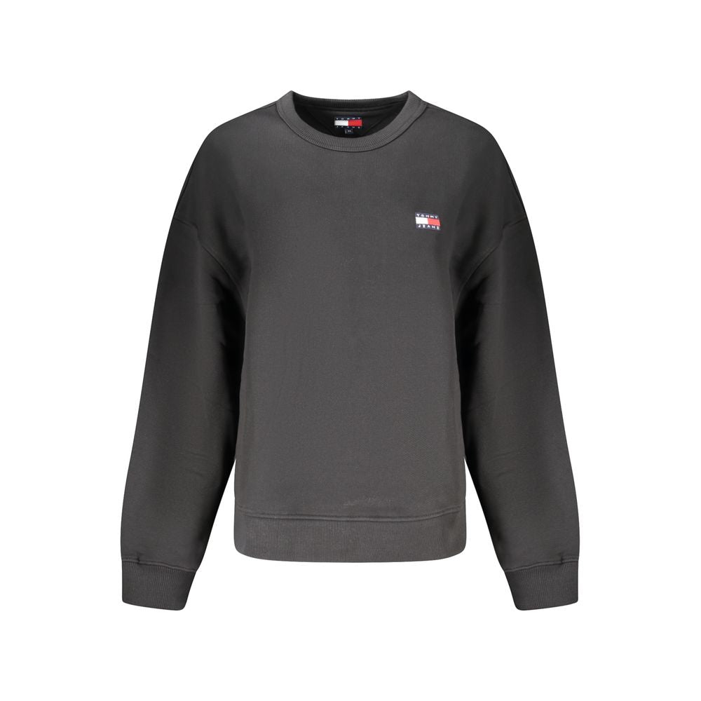 Tommy Hilfiger Black Cotton Women Sweater, eco-friendly long sleeve with logo, crew neck, brushed texture, casual sophistication.