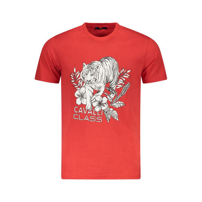 Cavalli Class Red Cotton Men T-Shirt with bold print and logo, premium cotton for comfort and luxury fashion statement.