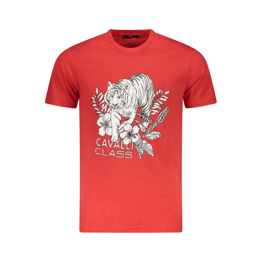 Cavalli Class Red Cotton Men T-Shirt with bold tiger and floral print, premium cotton material, luxury fashion for casual style.