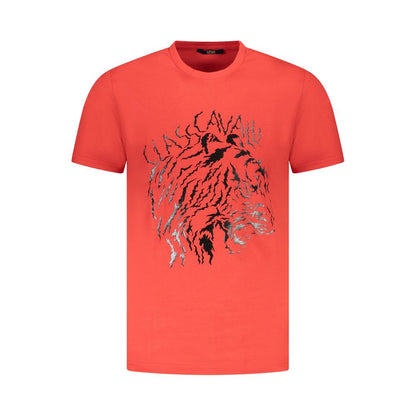 Cavalli Class Red Cotton Men T-Shirt with bold logo and sharp print, short-sleeve crew-neck design for fashion-forward comfort and style.