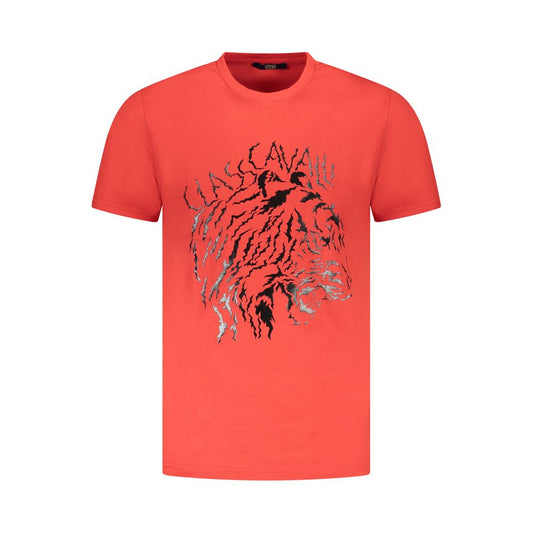 Cavalli Class Red Cotton Men T-Shirt with bold logo design and crew-neck style for high fashion.