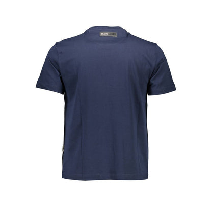 Back view of Plein Sport Blue Cotton Men T-Shirt with logo detail, short sleeve crew neck, high-fashion sportswear made from premium cotton.