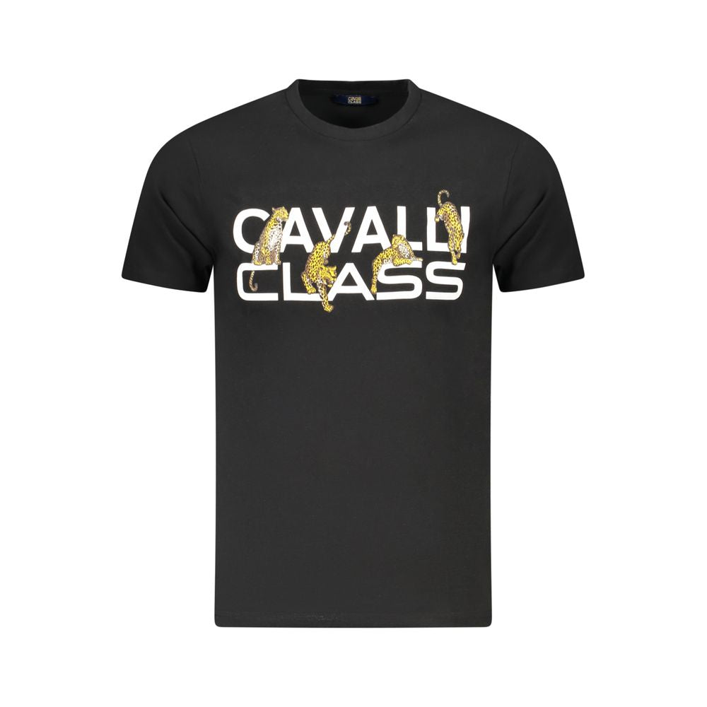 Cavalli Class Black Cotton Men T-Shirt with bold logo print, short sleeves, crew neck; luxurious style crafted in Bangladesh.