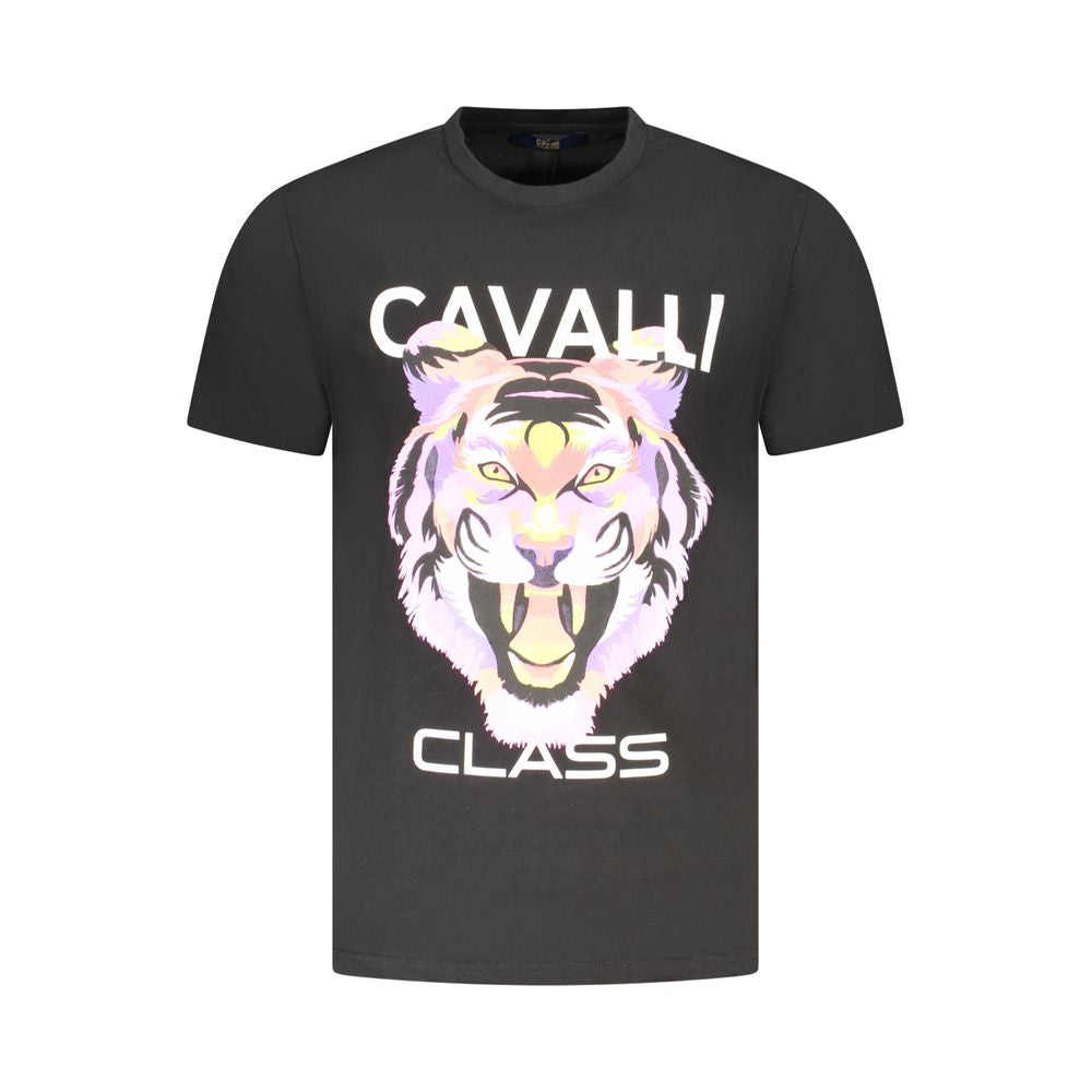 Cavalli Class Black Cotton Men T-Shirt featuring bold tiger print and signature logo on front, showcasing luxury and contemporary style.